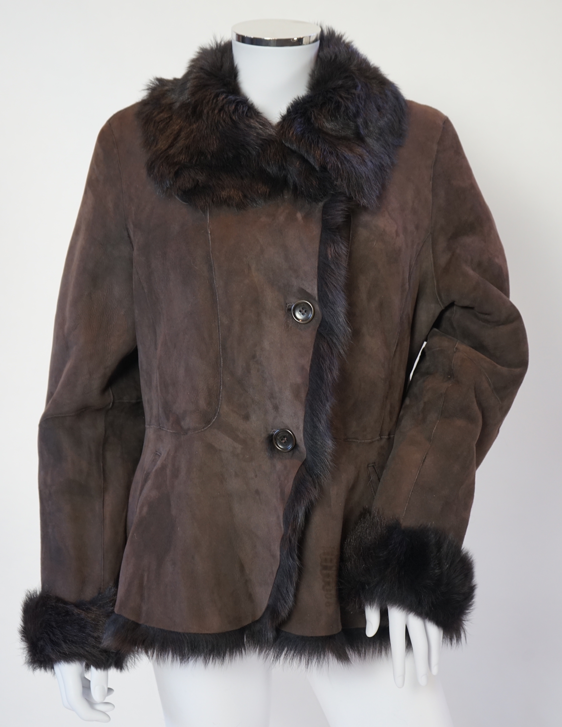 A lady's L K Bennett brown shearling jacket, size Large